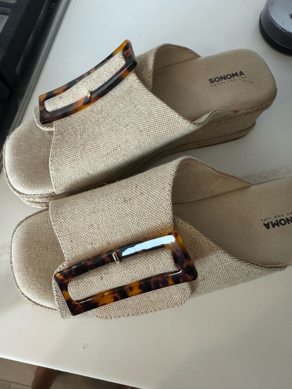 Sonoma Cream Wedge Slide Sandals with Tortoiseshell Buckle